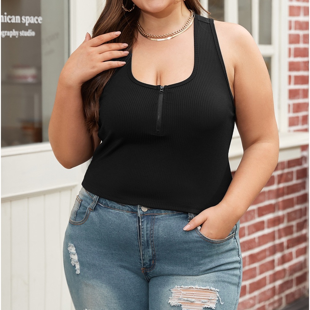 Plus Size Black Zipper Front Racerback Ribbed Tank Top - Picture 4 of 6